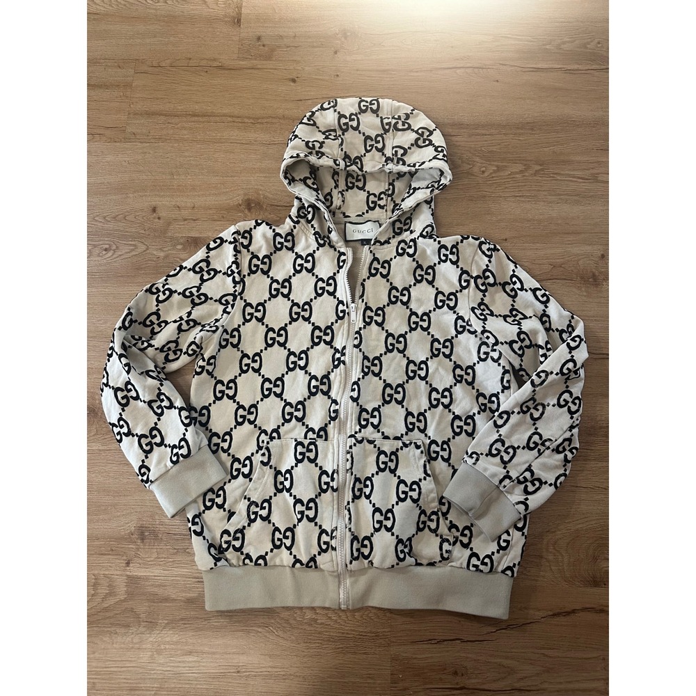 Gucci GG Monogram Zip Up Hoodie Cream Black Logo Sweatshirt XL Made in Italy